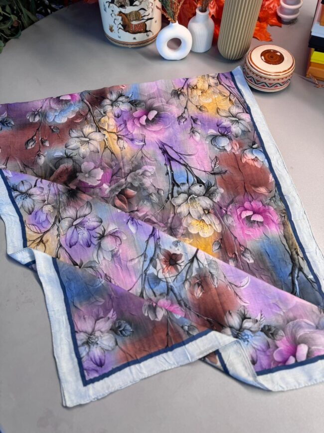 Flowers Kraş Desenli Şal - ŞL100234- Deniz Mavi