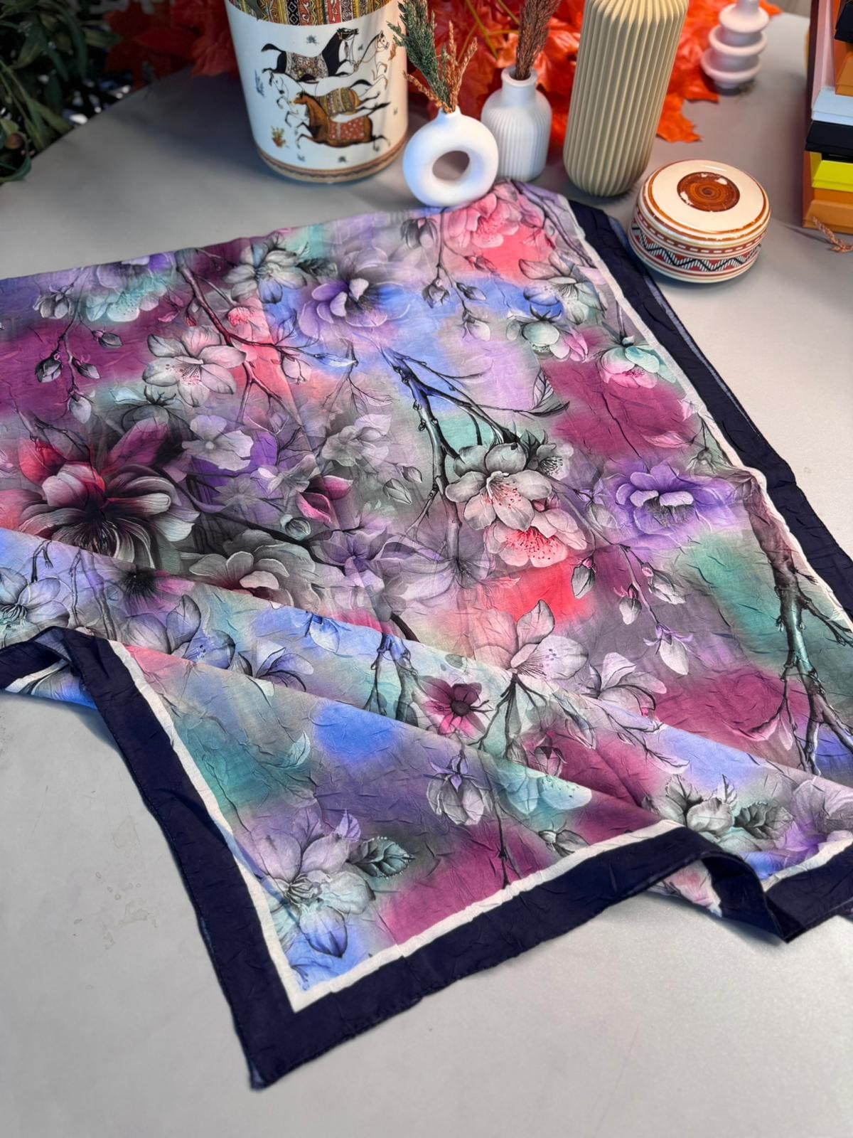 Flowers Kraş Desenli Şal - ŞL100234 - Lacivert