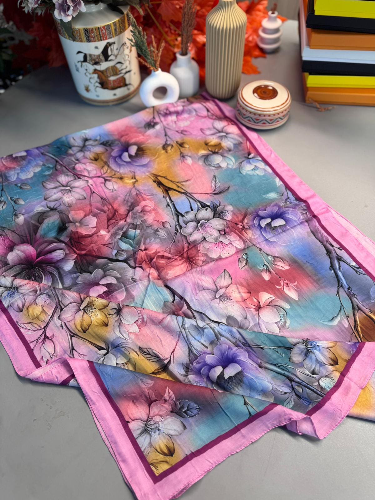 Flowers Kraş Desenli Şal - ŞL100234- Pamuk Şekeri