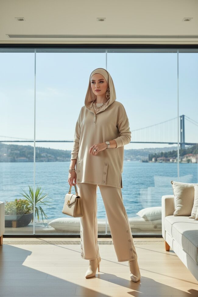 Premium Çıtçıtlı Dotta İkili Takım TK100301  - Bej