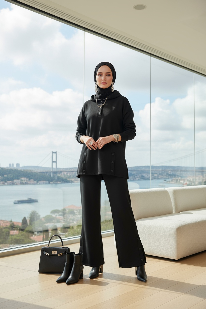 Premium Çıtçıtlı Dotta İkili Takım TK100301 - Siyah