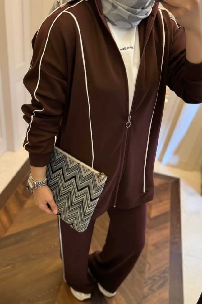 Premium Oysho Şeritli İkili Takım TK100244  -Acı Kahve