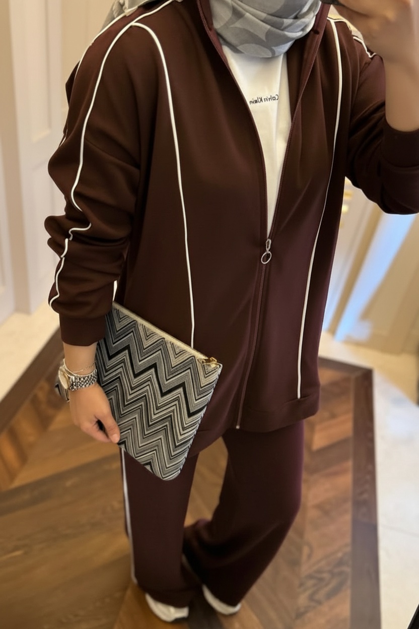 Premium Oysho Şeritli İkili Takım TK100244  -Acı Kahve