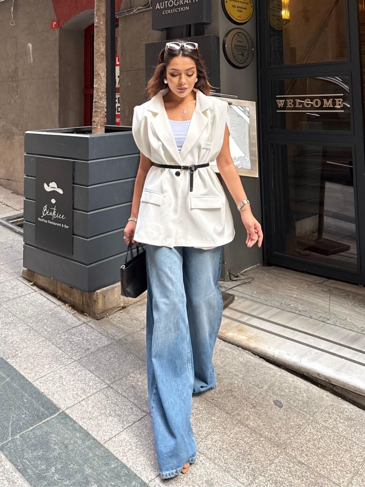 Vatka Detaylı Yelek (Kemer Hediyeli)  DŞ100298 - Beyaz - Görsel 2