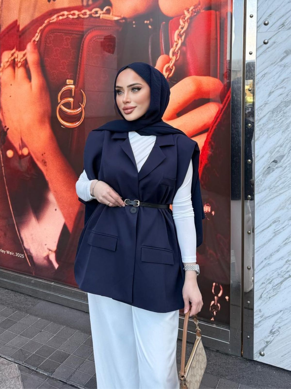 Vatka Detaylı Yelek (Kemer Hediyeli)  DŞ100298 - Lacivert - Görsel 2