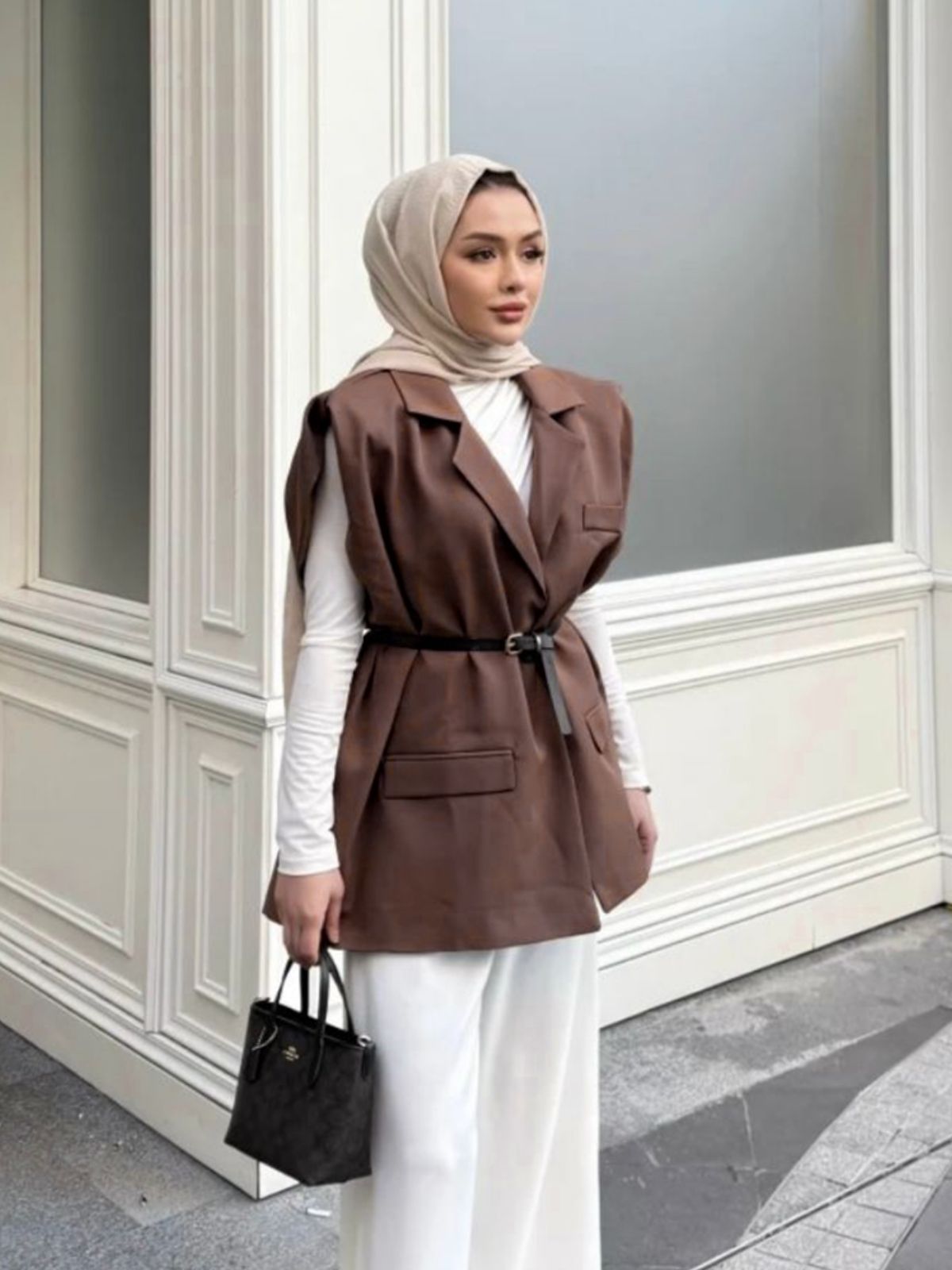 Vatka Detaylı Yelek (Kemer Hediyeli)  DŞ100298 - Acı Kahve - Görsel 2