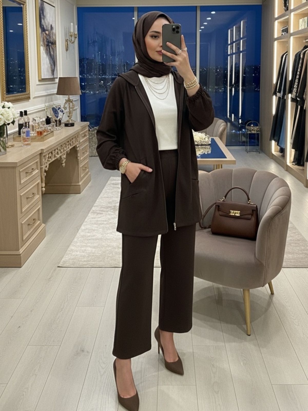 Premium Cep Fermuarlı Oysho İkili Takım TK100300  - Kahve