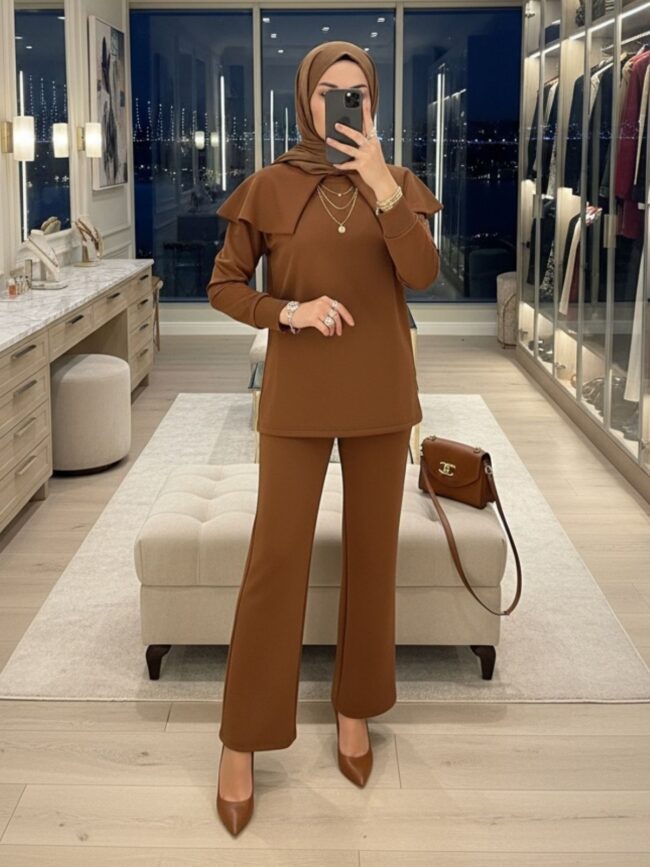 Oysho Omuz Pelerin Detay İkili Takım TK100360 - Taba