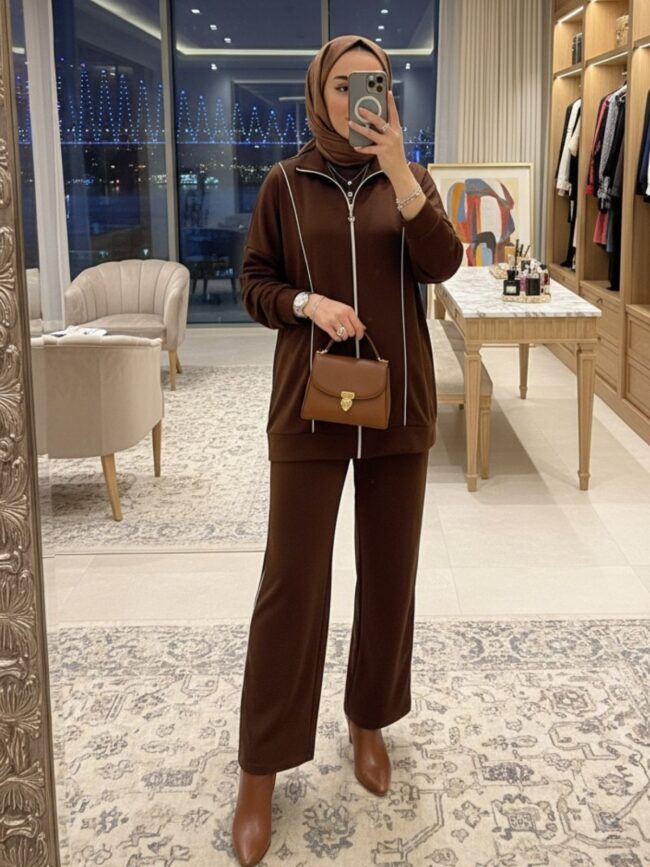 Premium Oysho Şeritli İkili Takım TK100244 -Acı Kahve