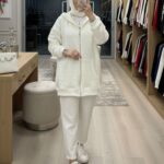 Taşlı Kapüşonlu Sweat Hırka HRK100365  - Beyaz