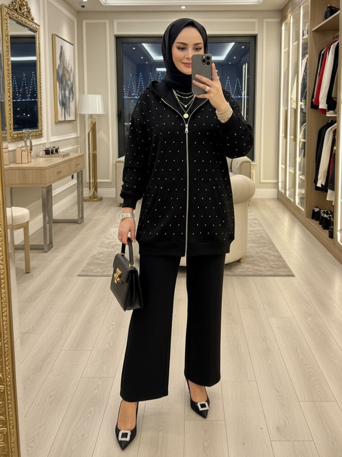 Taşlı Kapüşonlu Sweat Hırka HRK100365 - Siyah