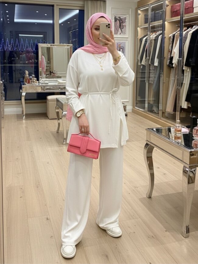 Premium Oysho Düğmeli  İkili Takım TK2968  - Beyaz İnci