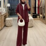 Premium Oysho Şeritli İkili Takım TK100244  -Bordo