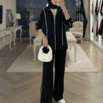 Premium Oysho Şeritli İkili Takım TK100244  - Siyah