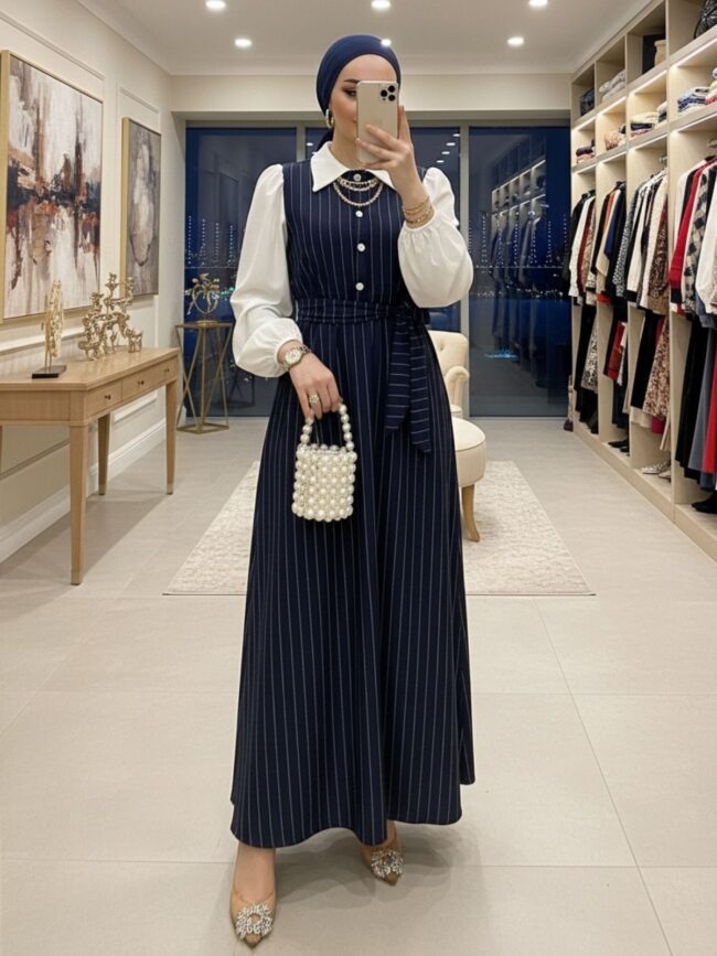 Milla Çizgili Jile Elbise (Şal Hediye)  ELB100404  – Lacivert