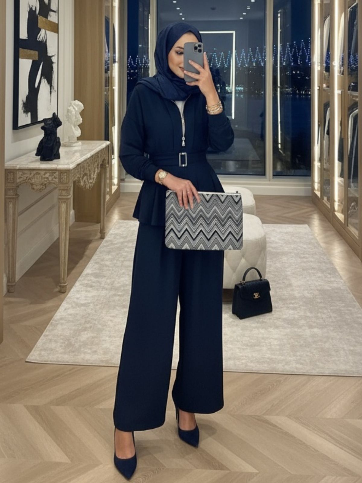 Oysho Premium Kemer Detay Palazzo İkili Takım TK2975  - Lacivert