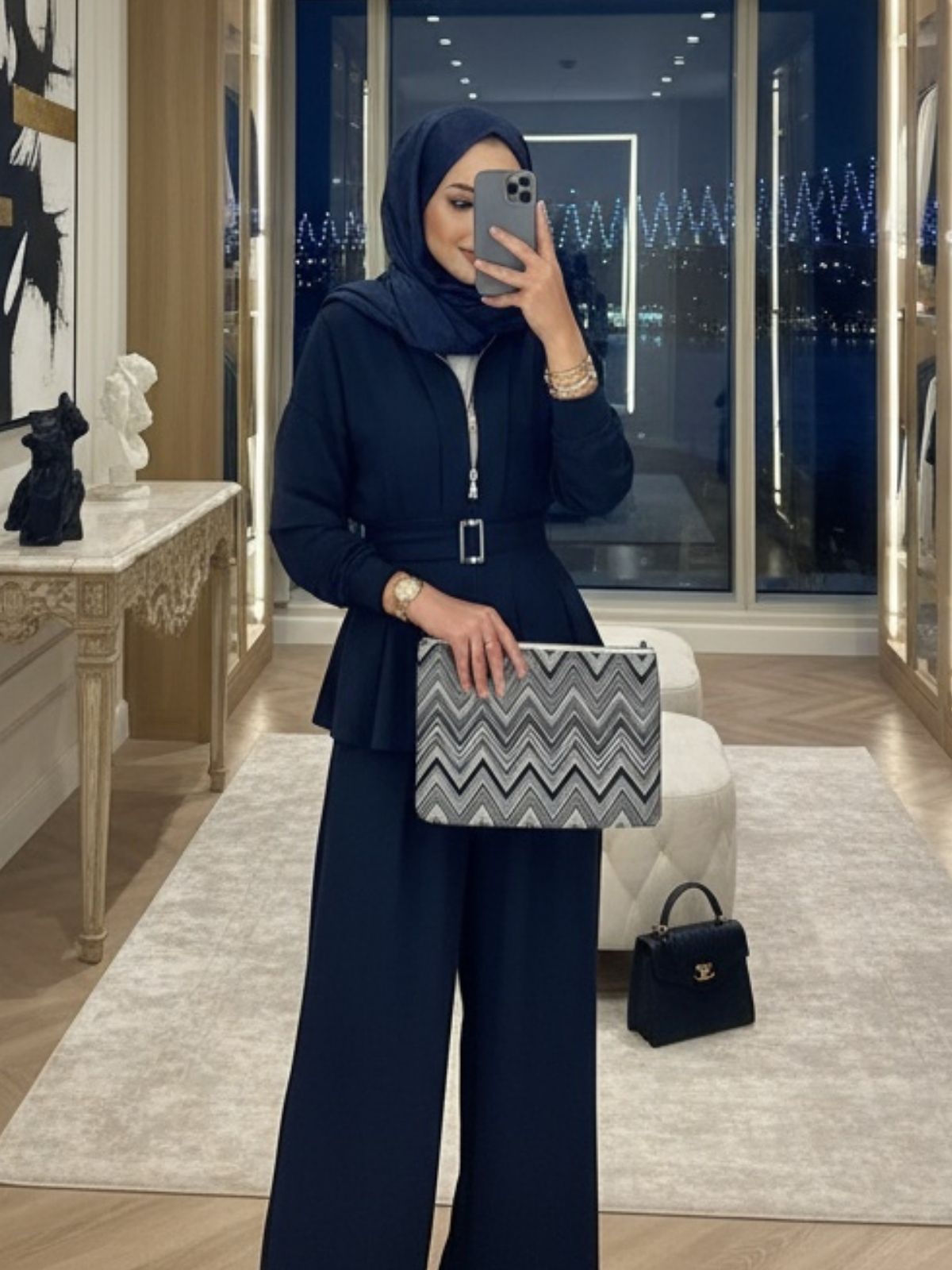 Oysho Premium Kemer Detay Palazzo İkili Takım TK2975  - Lacivert - Görsel 2