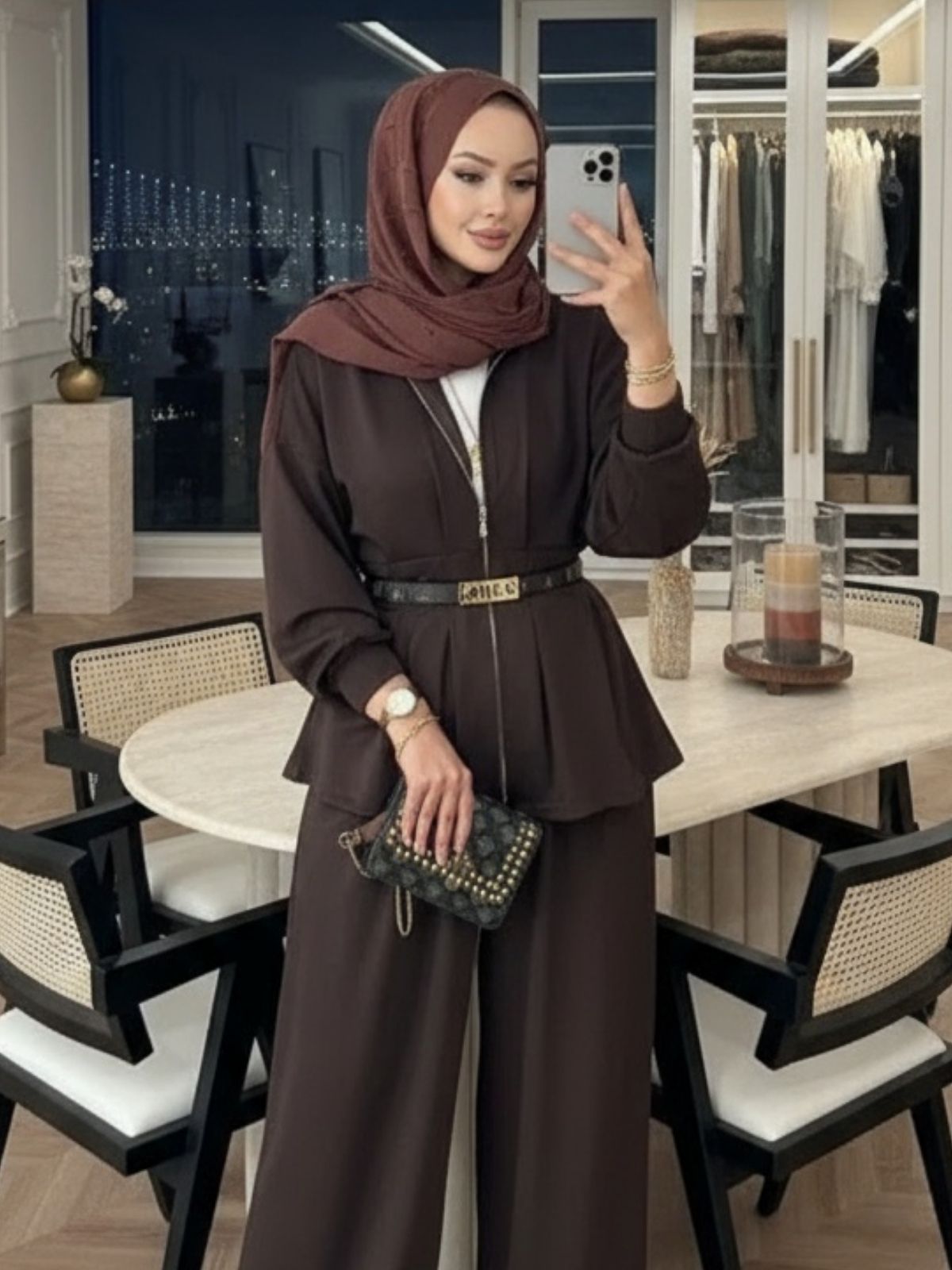 Oysho Premium Kemer Detay Palazzo İkili Takım TK2975  - Acı Kahve - Görsel 2