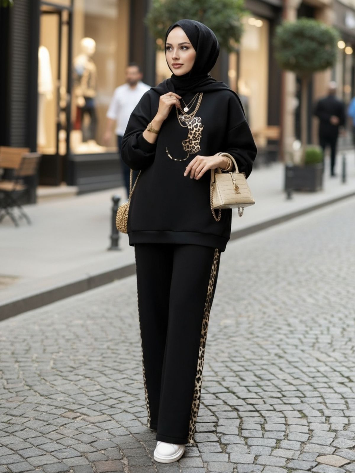 Leopar Nakışlı Şardonlu İkili Takım TK100258 - Siyah