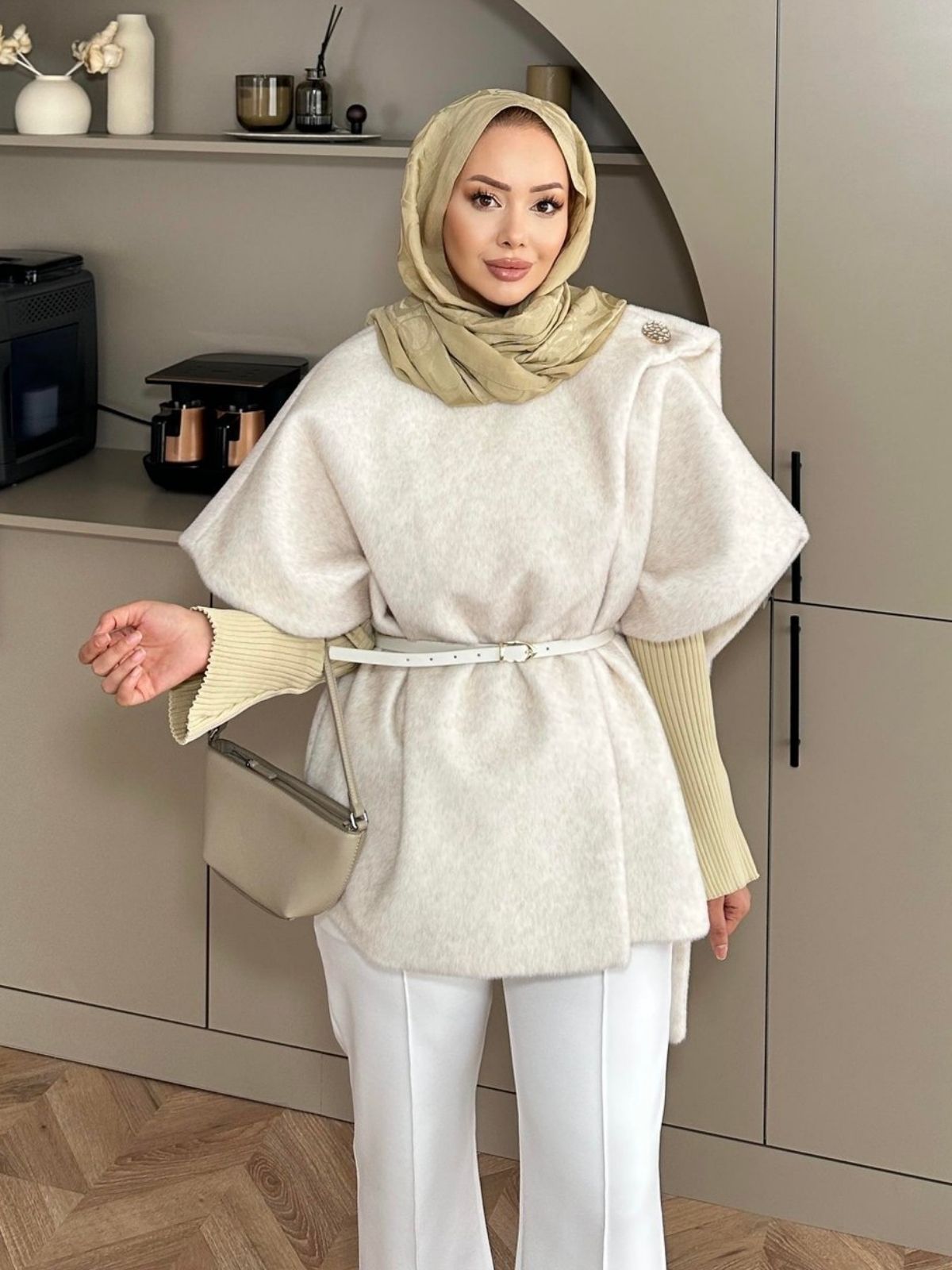 Şal Detaylı Kaban (Kemer Hediyeli) DŞ100433 - Ekru