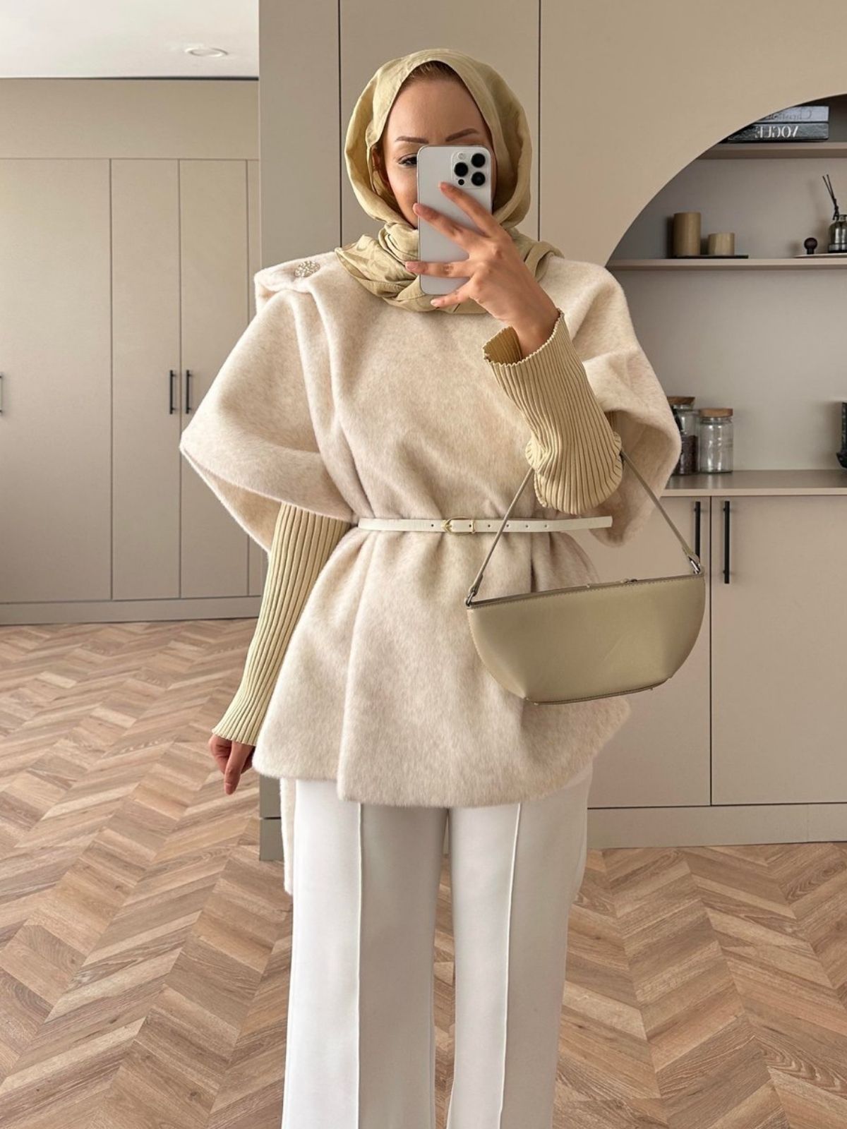 Şal Detaylı Kaban (Kemer Hediyeli) DŞ100433 - Ekru - Görsel 4