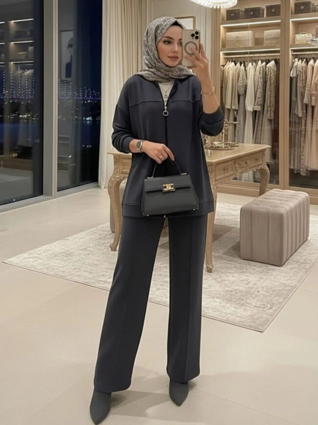 Premium Fermuarlı Basic İkili Takım TK2962  -  Füme