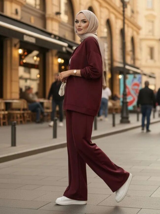 Premium Fermuarlı Basic İkili Takım TK2962  - Bordo