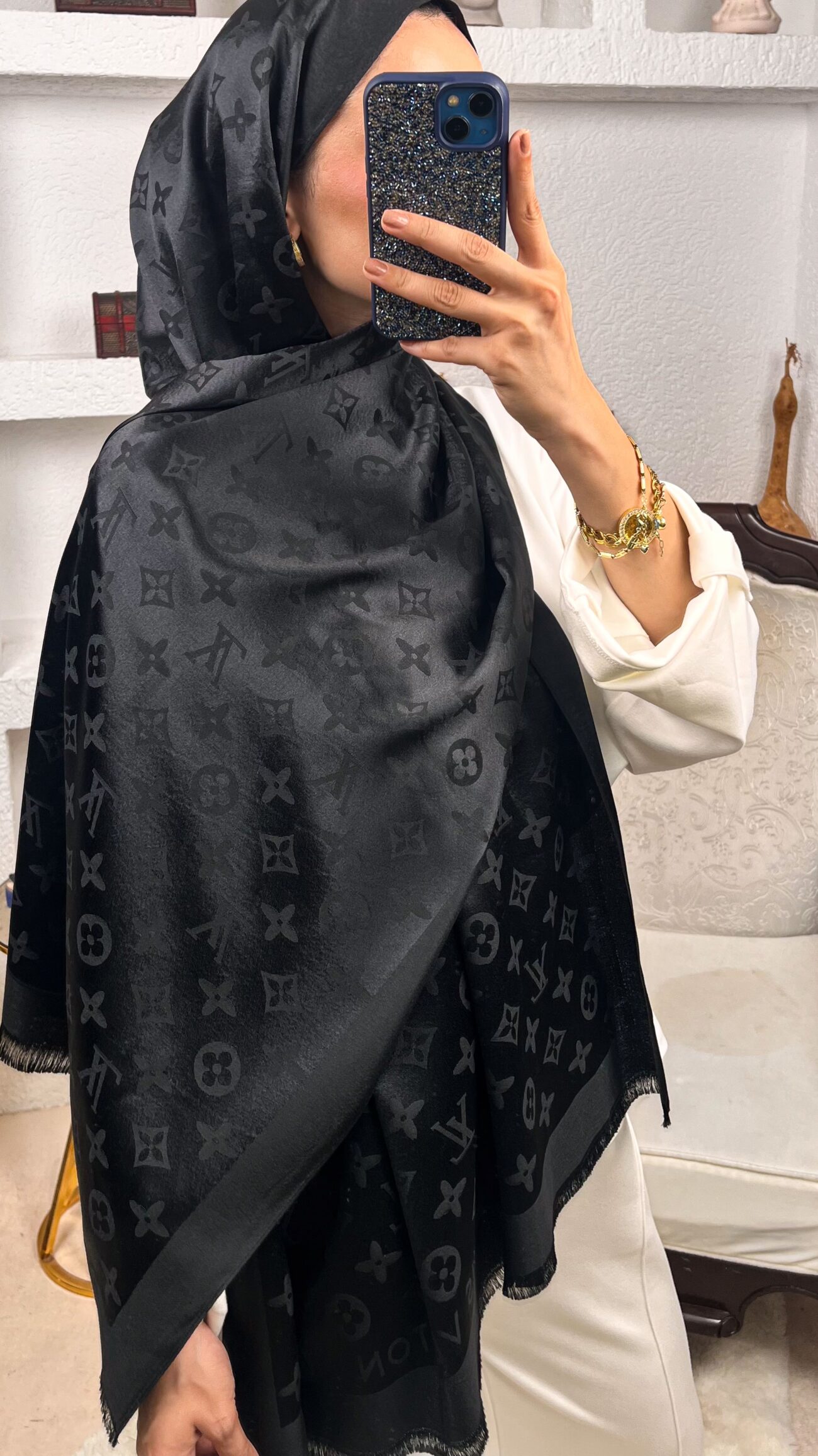 İthal Lv Pamuk Yün İpek Şal 49104 - Siyah - Görsel 2