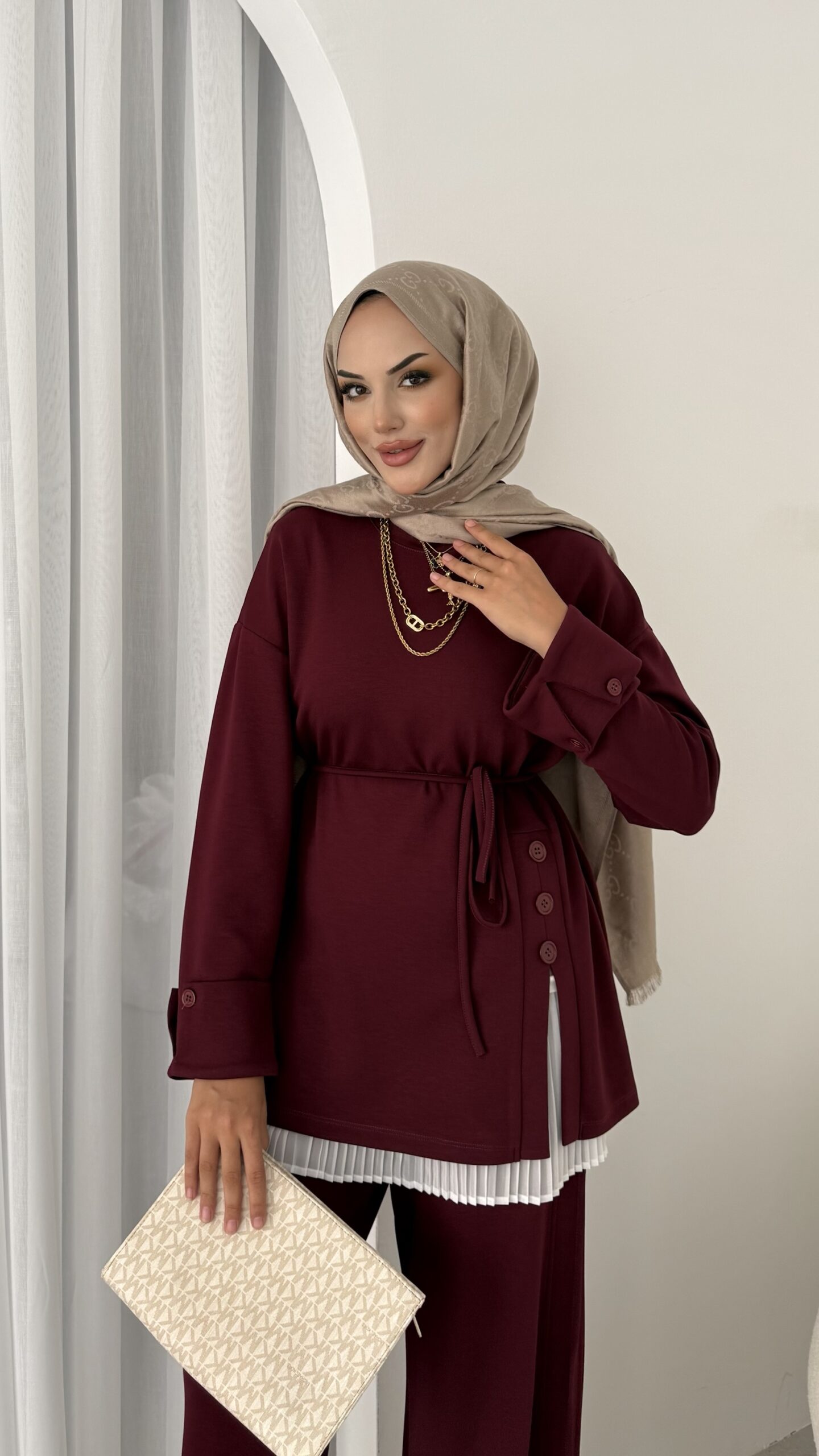 Premium Oysho Düğmeli  İkili Takım TK2968  - Bordo - Görsel 3