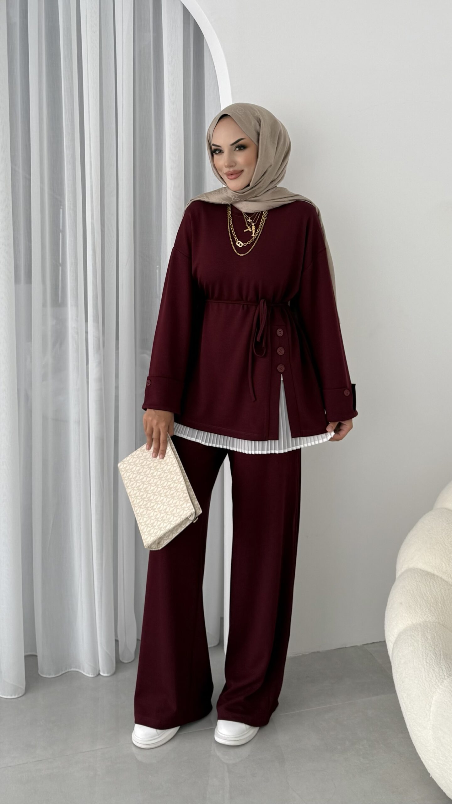 Premium Oysho Düğmeli  İkili Takım TK2968  - Bordo - Görsel 2