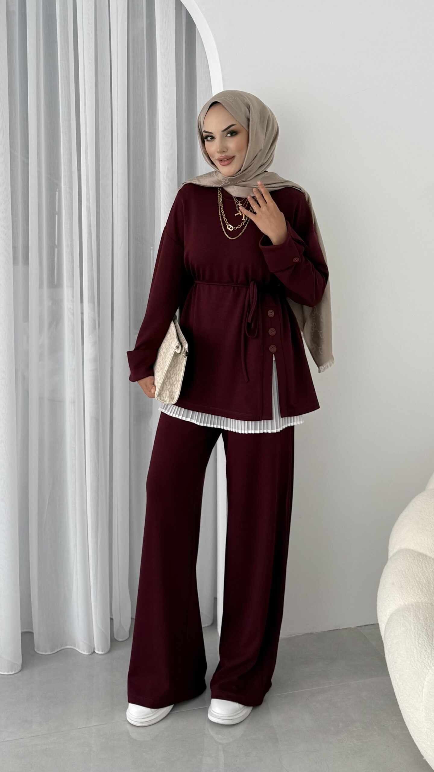 Premium Oysho Düğmeli  İkili Takım TK2968  - Bordo