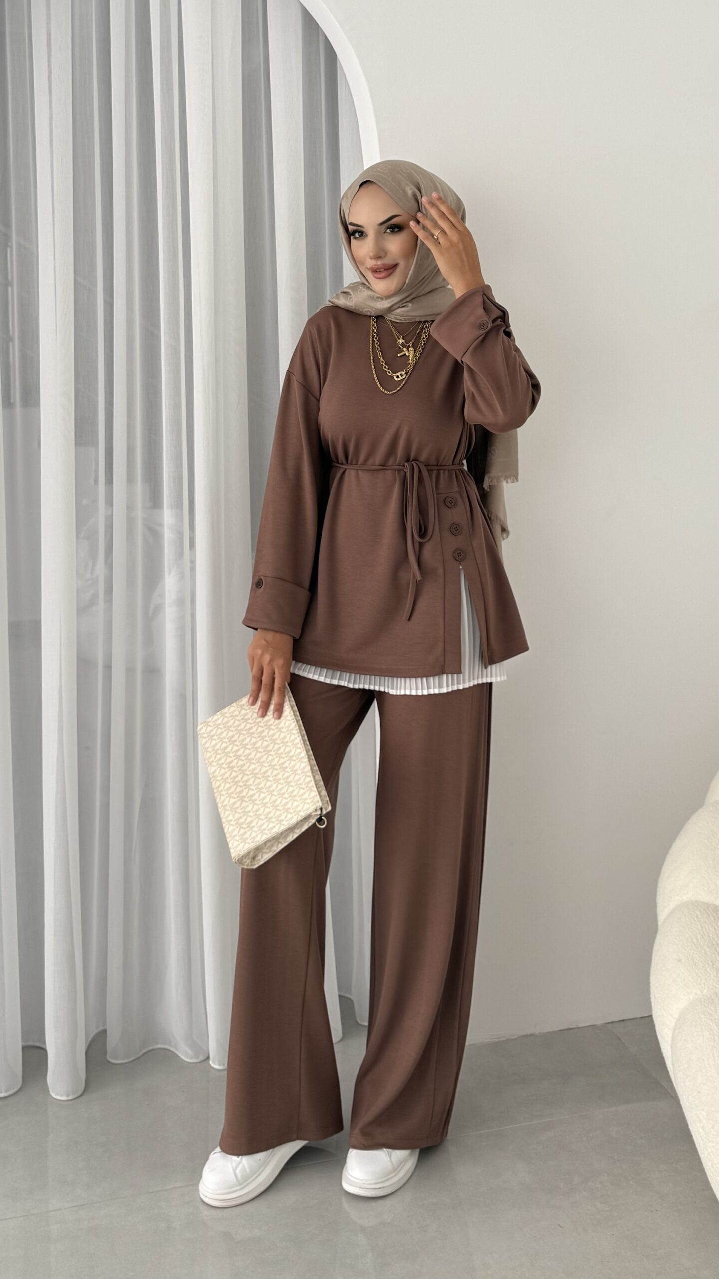 Premium Oysho Düğmeli İkili Takım TK2968 - Taba - Görsel 3