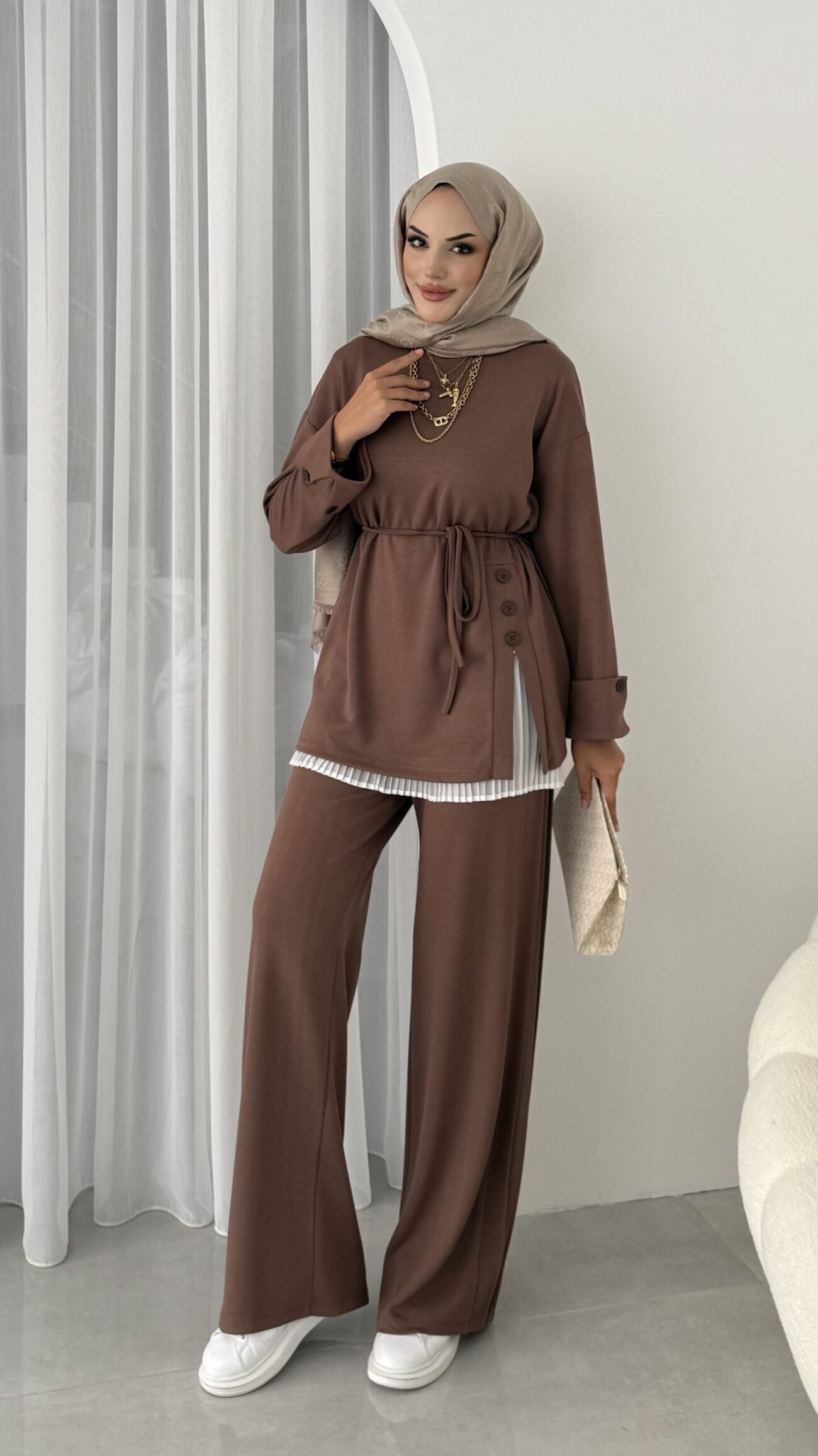 Premium Oysho Düğmeli İkili Takım TK2968 - Taba