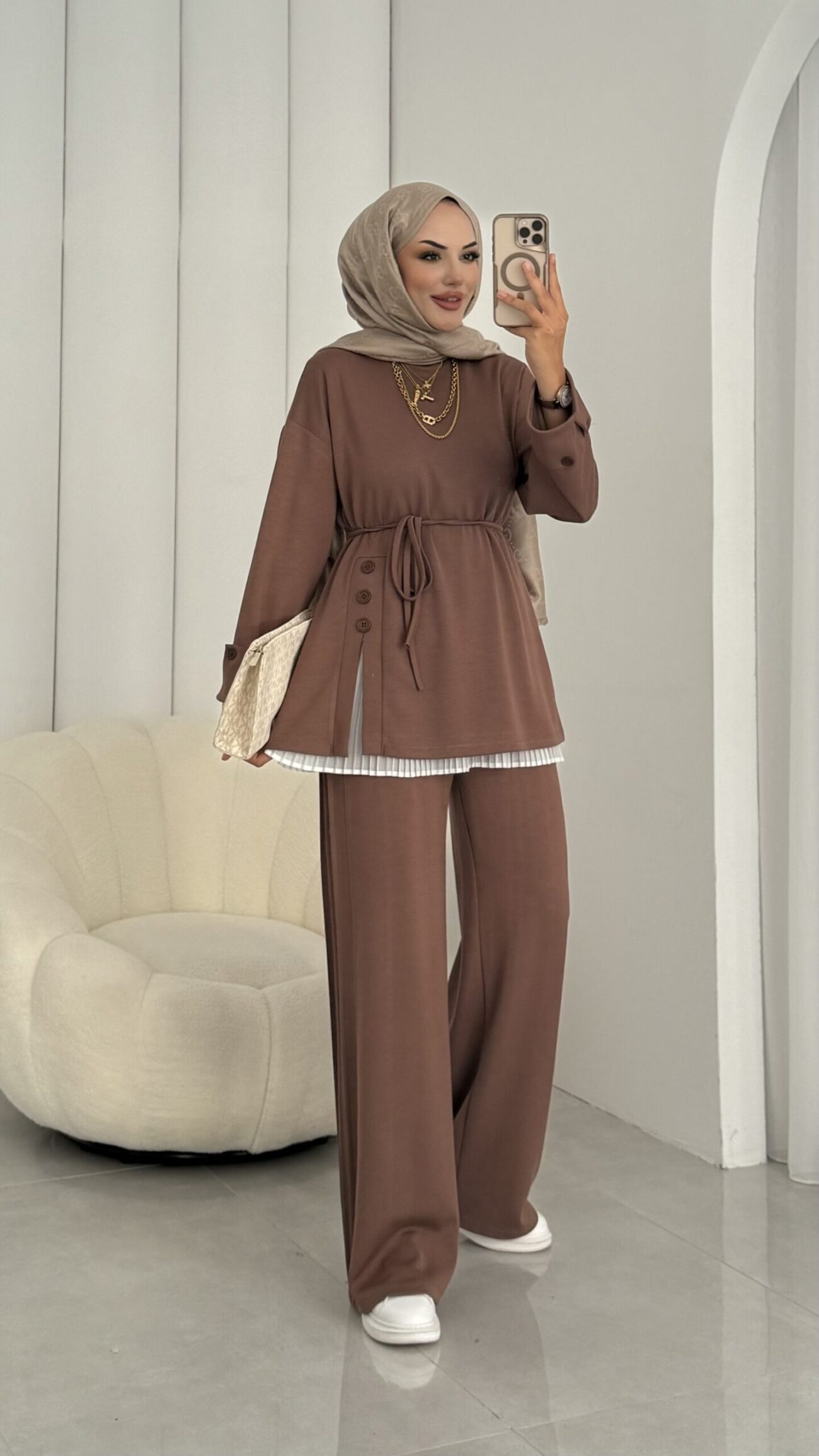 Premium Oysho Düğmeli İkili Takım TK2968 - Taba - Görsel 2