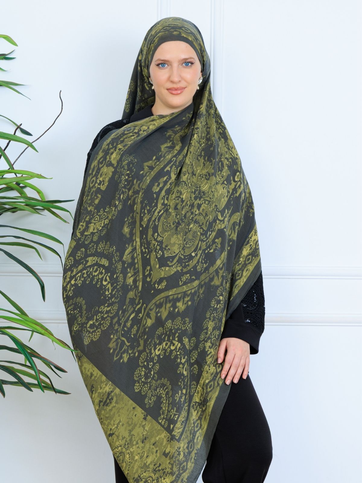 Derin Yansıma Desen Şal 469-017 - V-2 - Yağ Yeşili