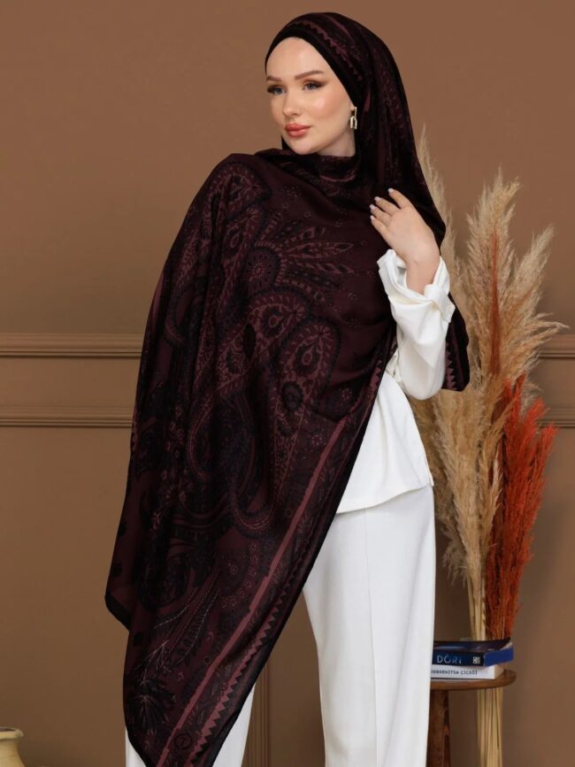 Bordo Buta Desen Yün İpek Şal
