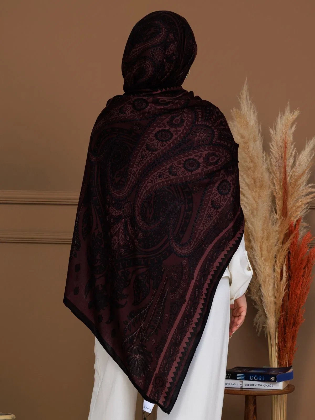 Bordo Buta Desen Yün İpek Şal - Görsel 2