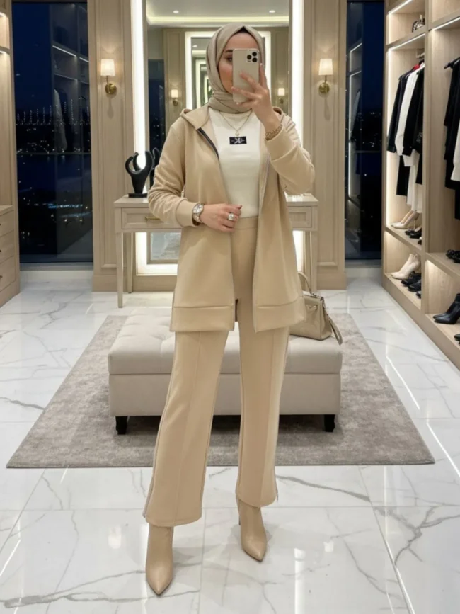 Oysho Fermuarlı Basic İkili Takım TK2962  - Taş