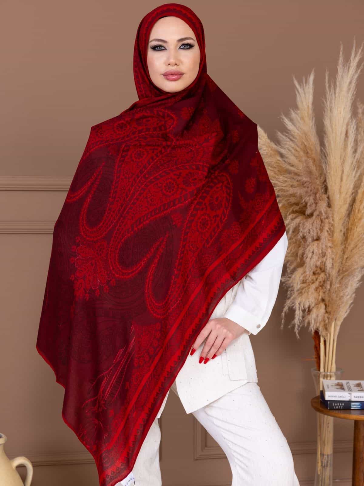 Vişne Buta Desen Yün İpek Şal - Görsel 3