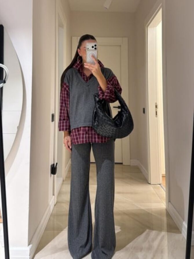 Cosy Gömlek Detaylı Triko Pantolon Takım-Antrasit