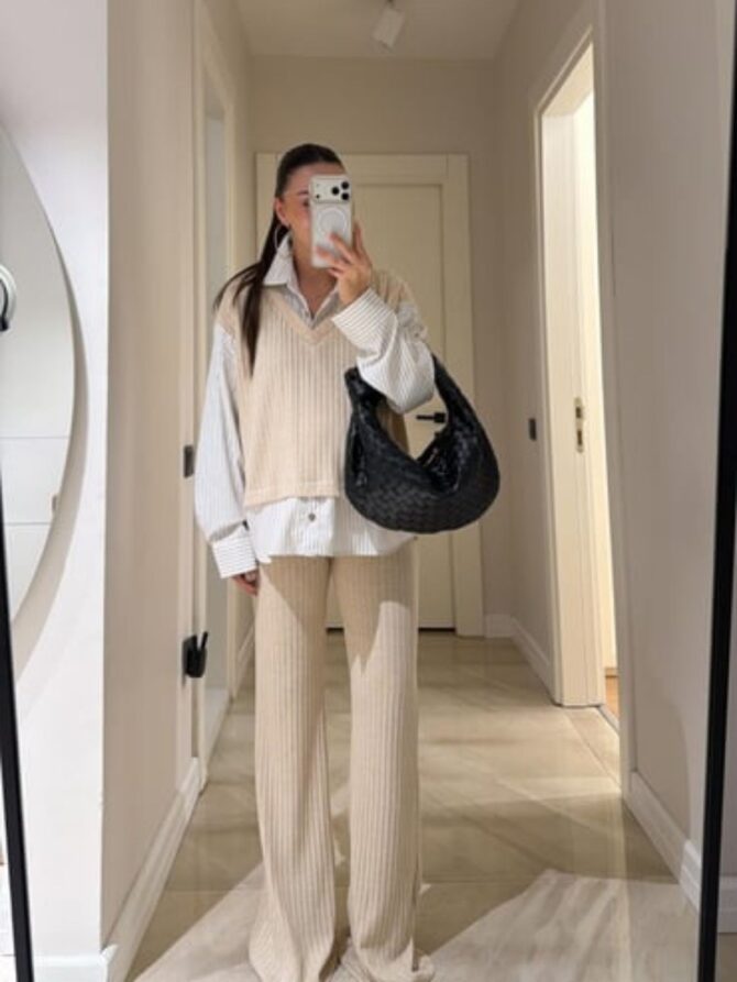 Cosy Gömlek Detaylı Triko Pantolon Takım-Bej