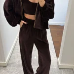 Velvet Kadifeli Üçlü Takım - Kahve