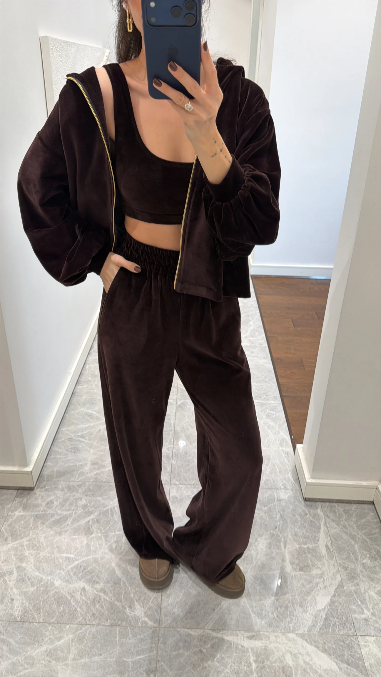 Velvet Kadifeli Üçlü Takım - Kahve