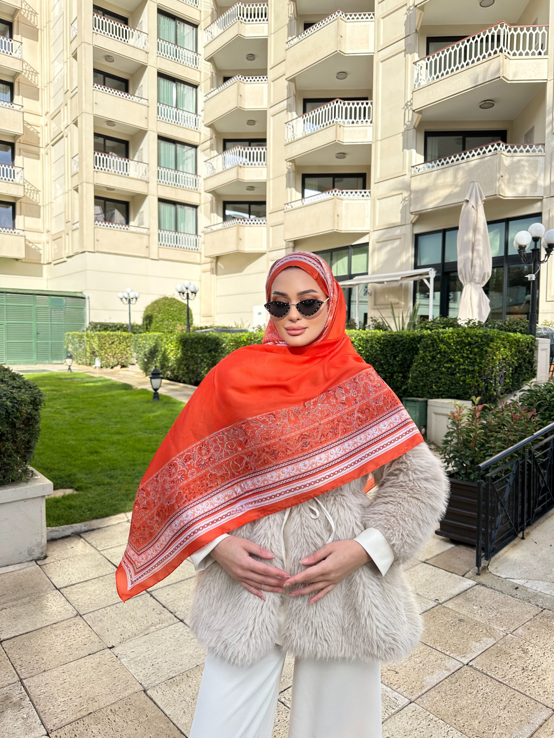 Çini Rüyası Vual İpek Şal 10101 - Neon Turuncu - Görsel 3