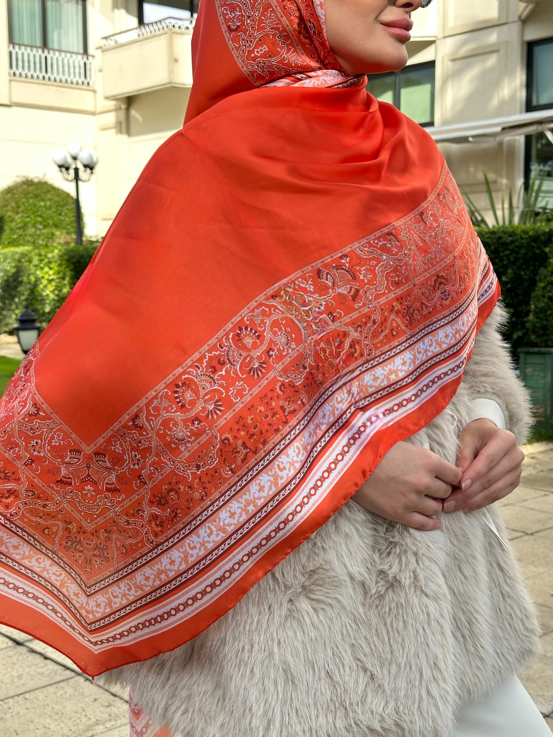 Çini Rüyası Vual İpek Şal 10101 - Neon Turuncu - Görsel 2