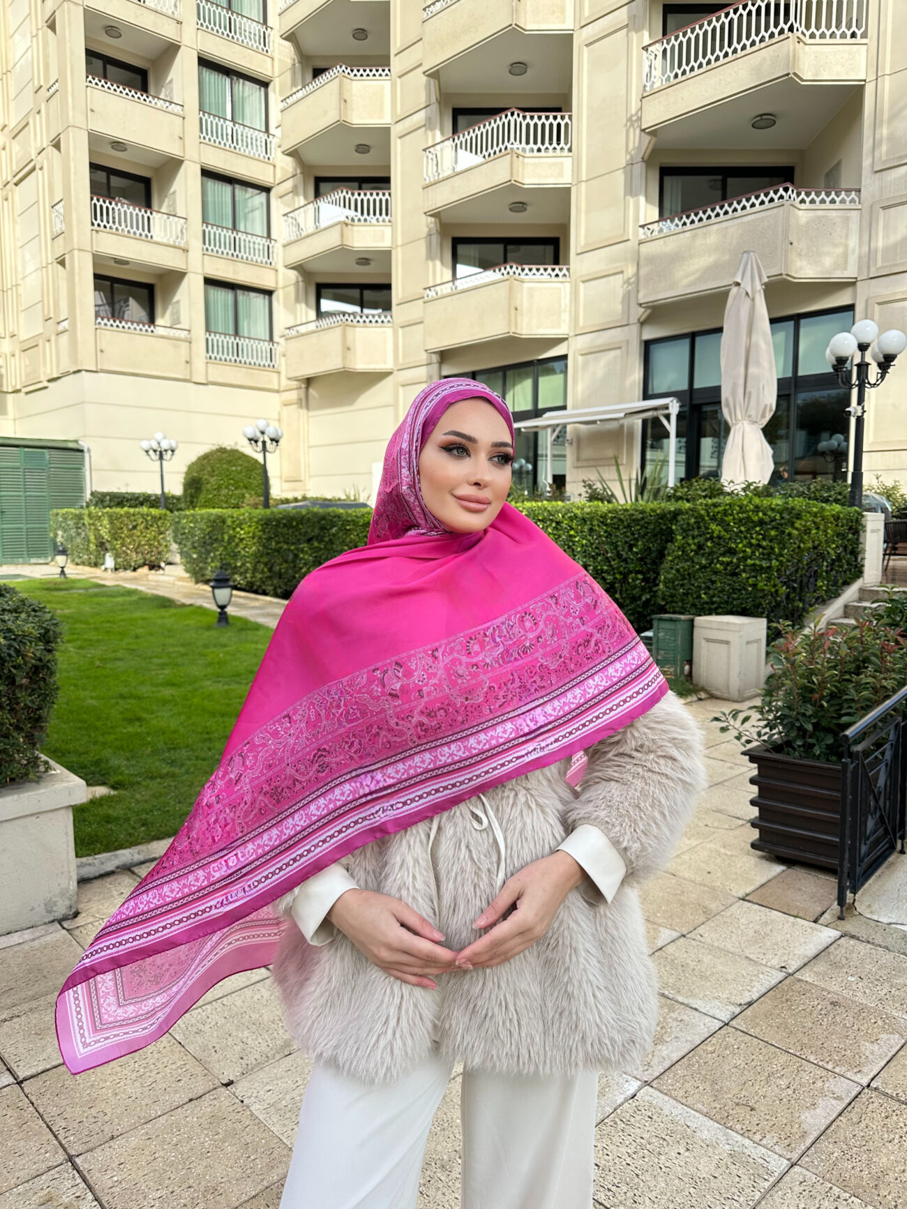 Çini Rüyası Vual İpek Şal 10101 - Koyu Pembe - Görsel 3