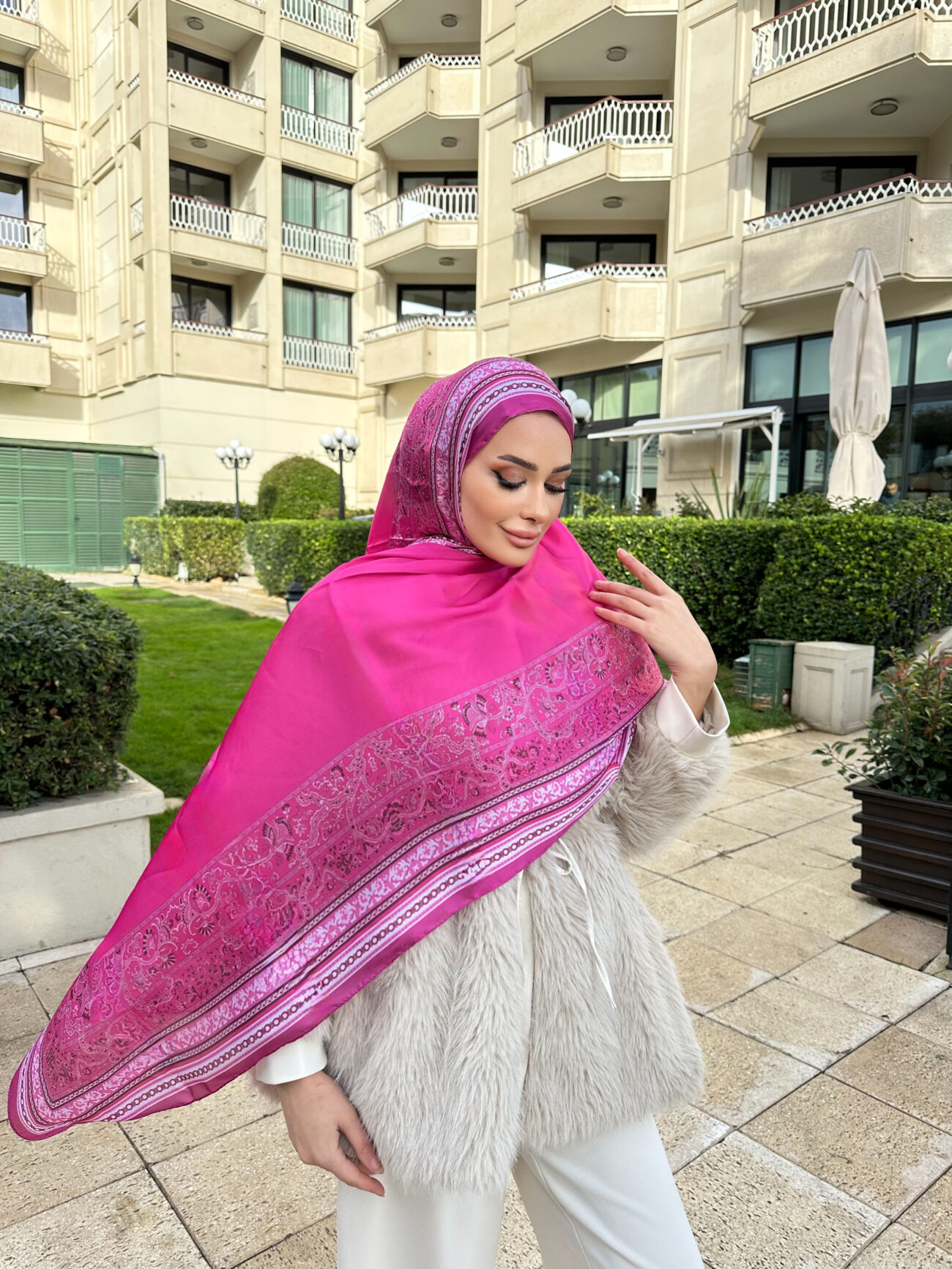 Çini Rüyası Vual İpek Şal 10101 - Koyu Pembe