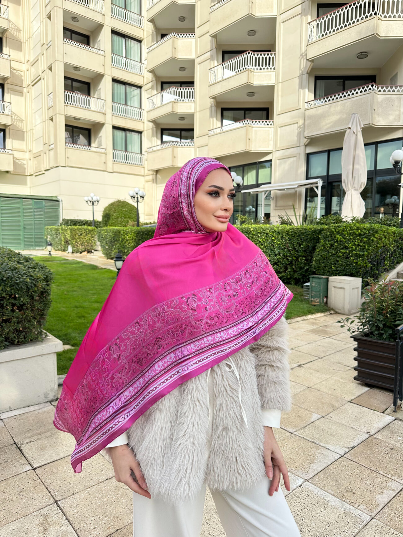 Çini Rüyası Vual İpek Şal 10101 - Koyu Pembe - Görsel 2