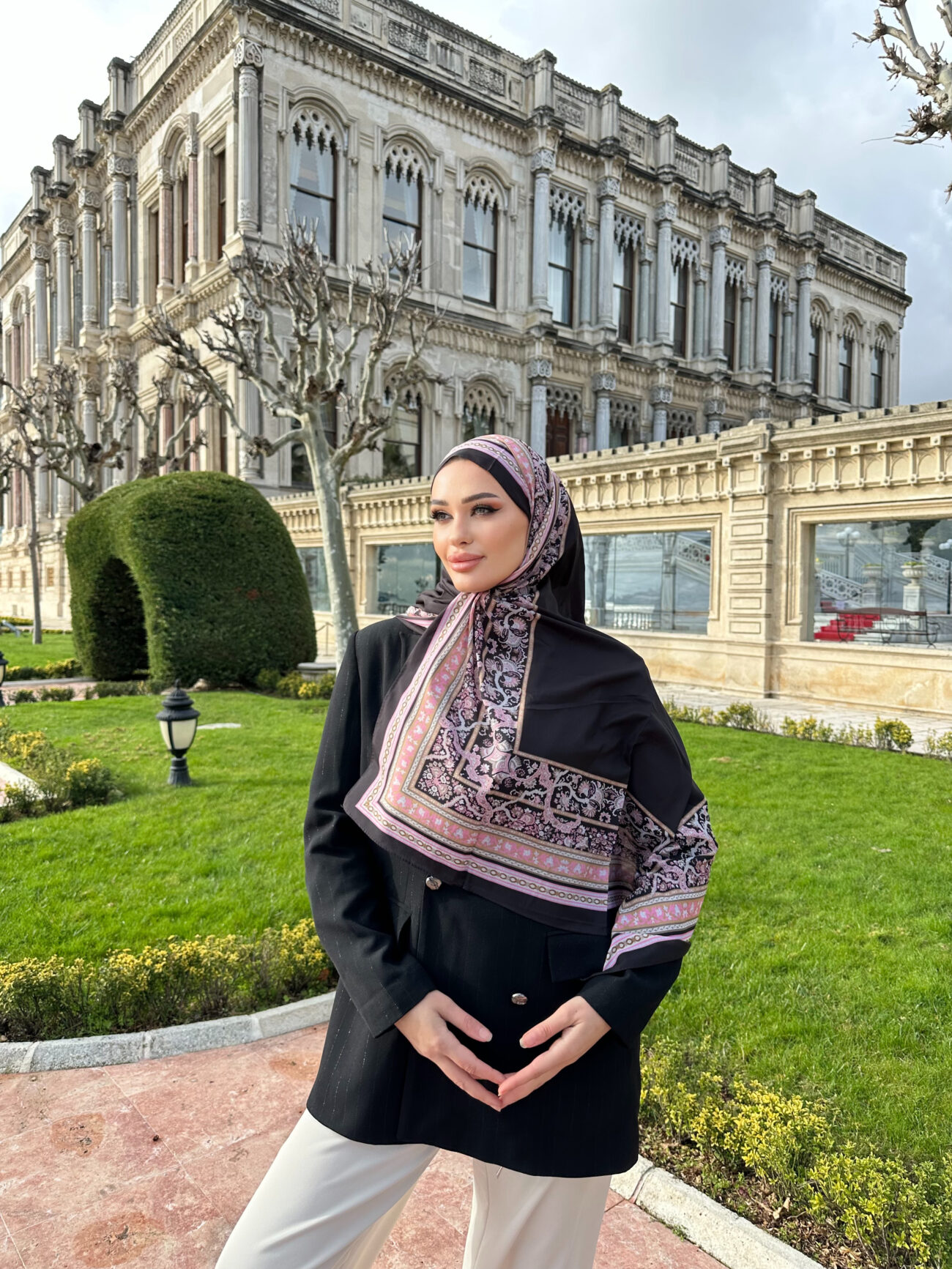 Çini Rüyası Vual İpek Şal 10101 - Siyah Pembe - Görsel 2