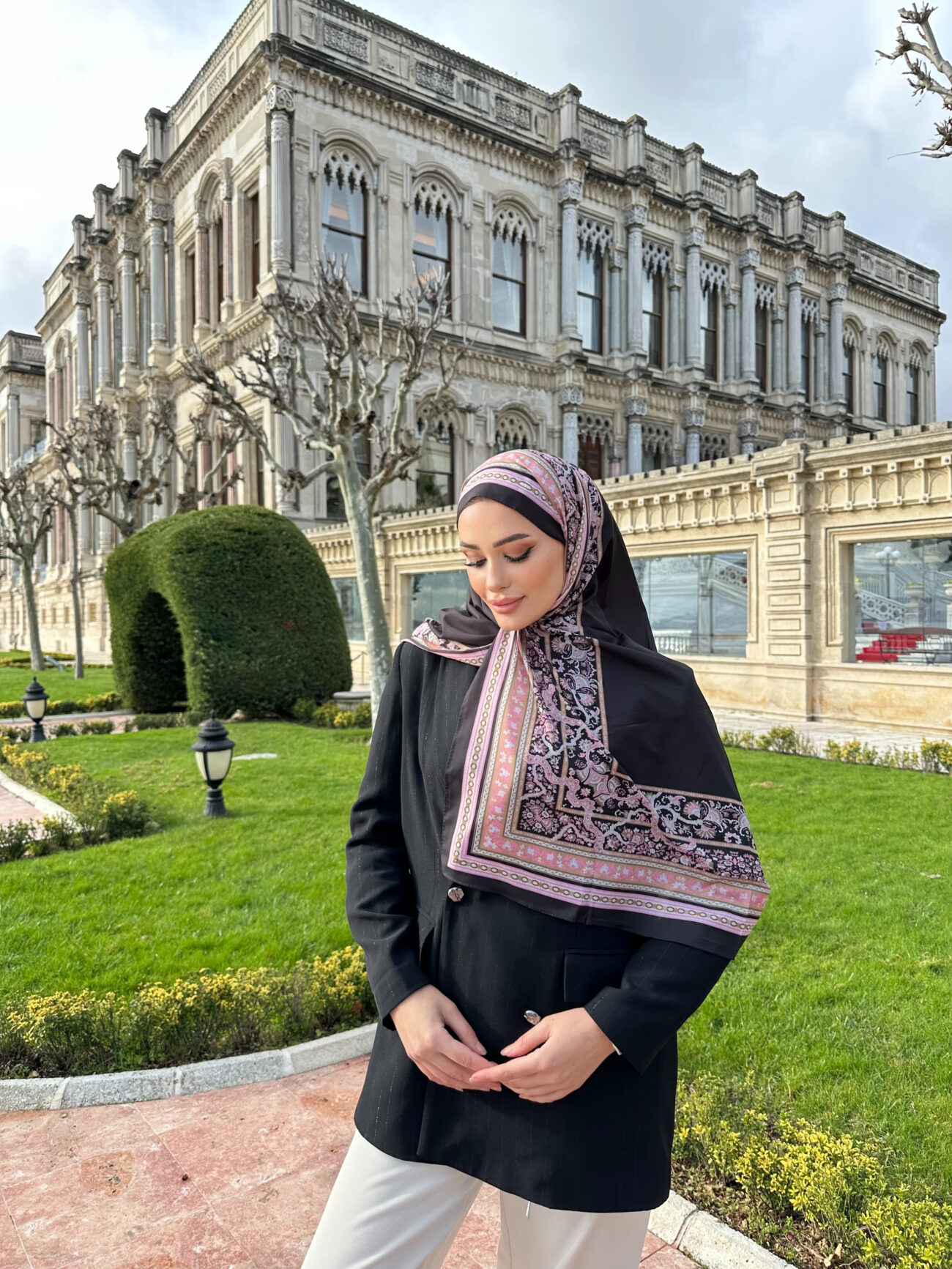 Çini Rüyası Vual İpek Şal 10101 - Siyah Pembe